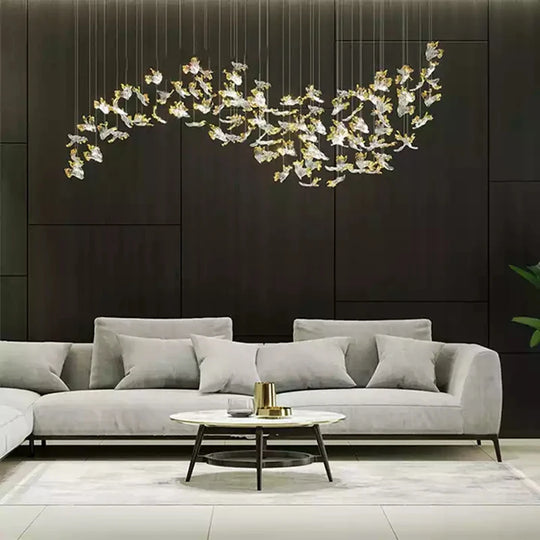 Modern Glass Leaf Pendant Chandelier – Clear & Gold Suspension Light