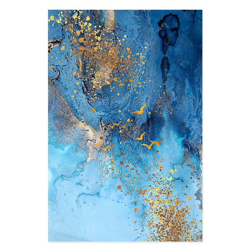 Golden Blue Sea Abstract Marble Canvas Wall Art Unframed