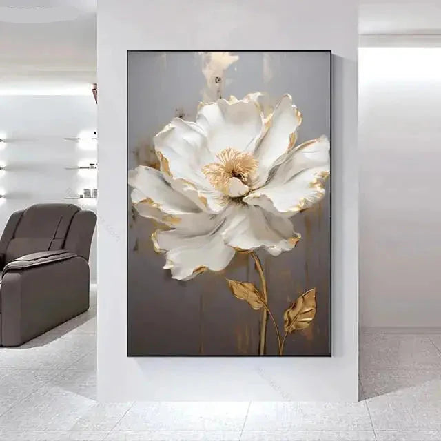 Big White Floral Canvas Wall Art Modern Botanical Decor