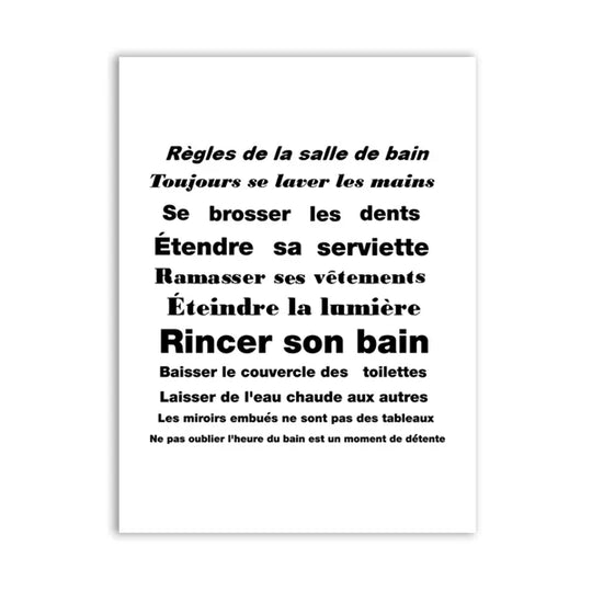 Bathroom Rules French Quotes Black White Canvas Wall Art