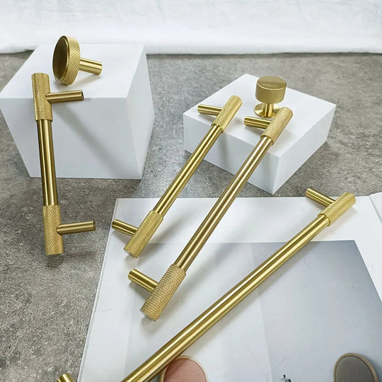 Solid Brass Knurled Cabinet Handles – Satin Gold Wardrobe Pulls and Drawer T-Bars