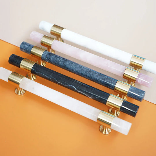 Natural Marble and Crystal T-Bar Cabinet Handles – Modern Brass Knobs and Pulls