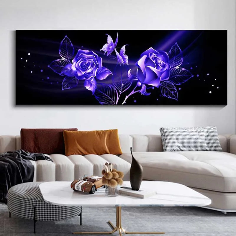 Black Golden Rose Floral Wide Format Canvas Wall Art