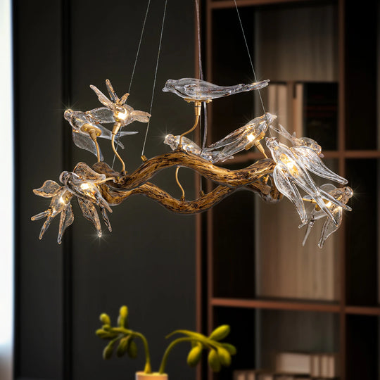 Vintage Round Glass Bird Branch Chandelier for Dining & Living Rooms