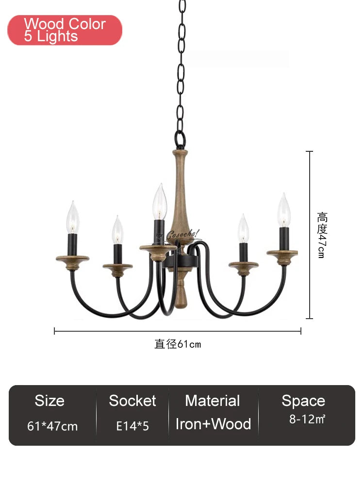 French Vintage Wooden Chandelier – Multi-Light Pendant for Living & Dining Rooms