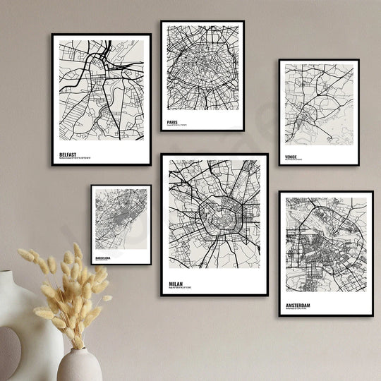 Minimalist Black White City Map Wall Art Canvas Print