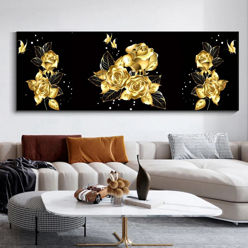 Black Golden Rose Floral Wide Format Canvas Wall Art