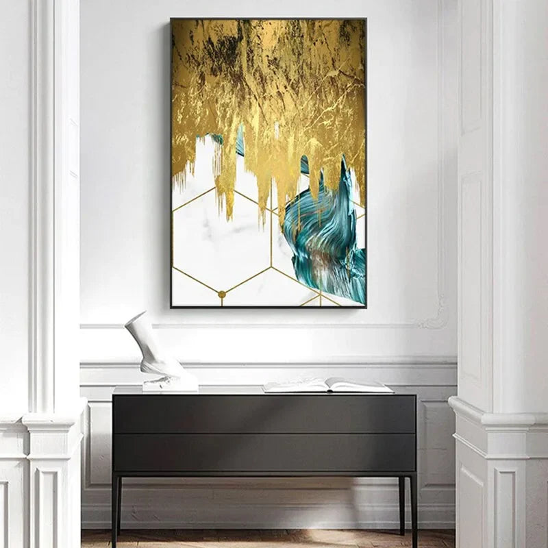 Abstract Liquid Golden Aqua Marble Canvas Wall Art Unframed