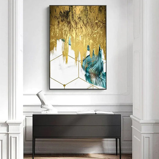 Abstract Liquid Golden Aqua Marble Canvas Wall Art Unframed