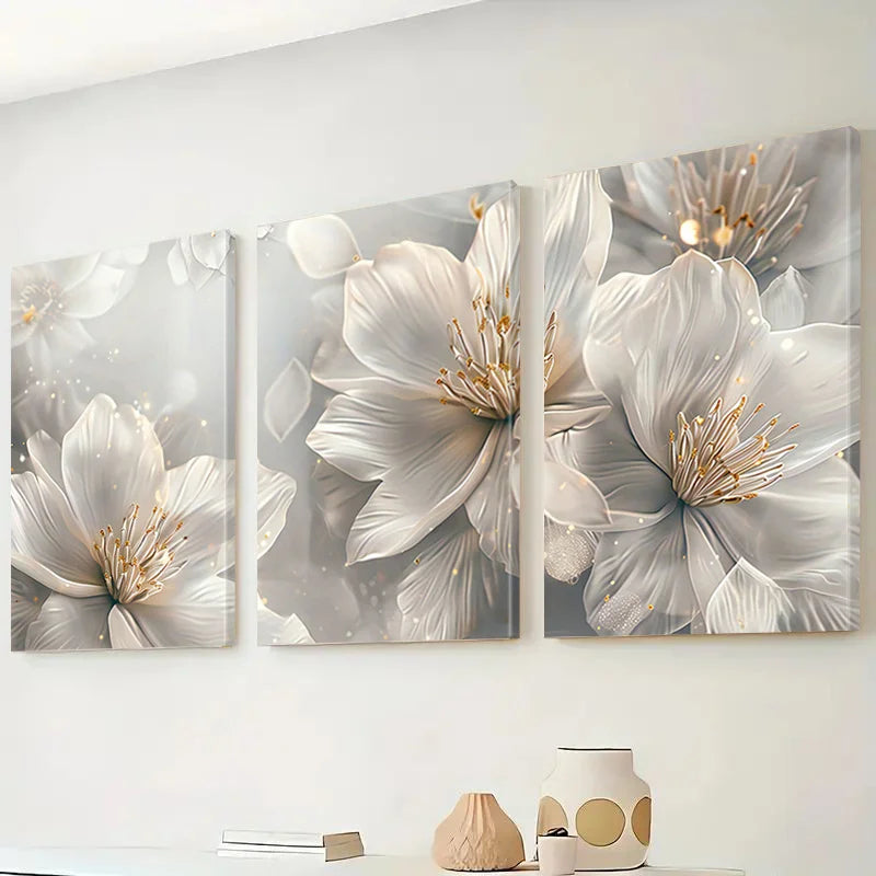 Set of 3 Neutral White Floral Abstract Canvas Wall Art