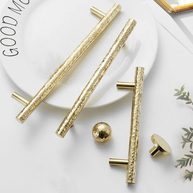 Hammered Brass Cabinet Handles – Light Gold Knobs and Pulls for Furniture