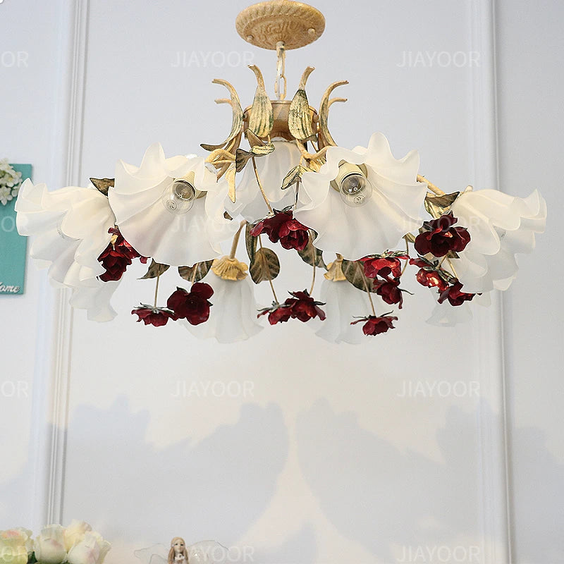 French Retro Flower Glass Chandelier for Bedroom & Living Room