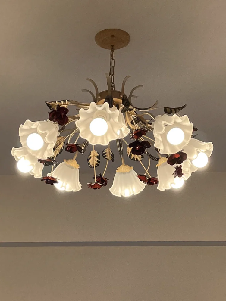 French Retro Flower Glass Chandelier for Bedroom & Living Room