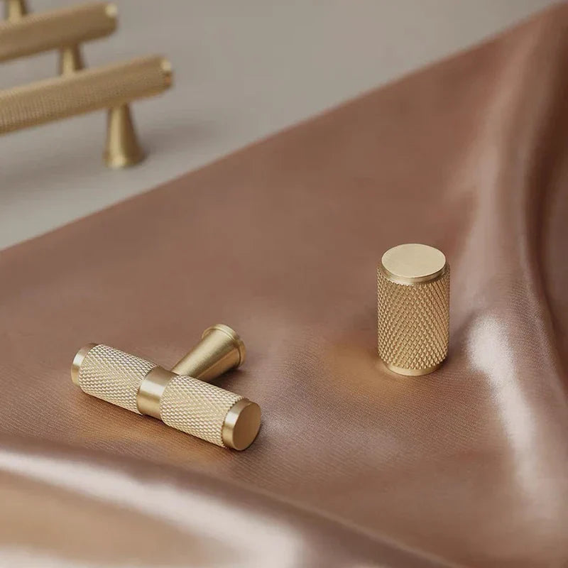 Gold Knurled Brass Handles – Modern Textured Pulls and Knobs for Furniture (50–500mm)