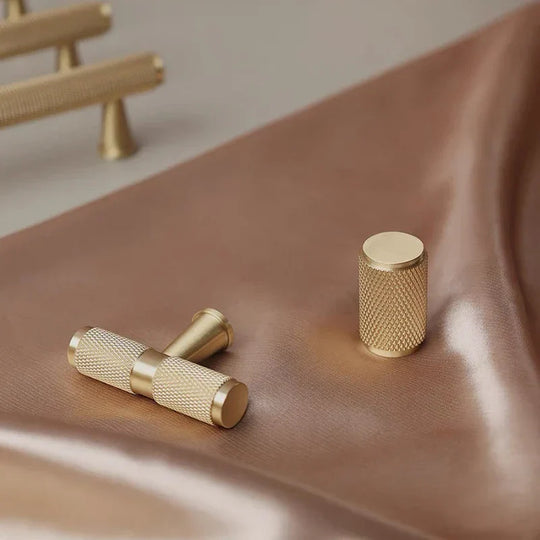 Gold Knurled Brass Handles – Modern Textured Pulls and Knobs for Furniture (50–500mm)