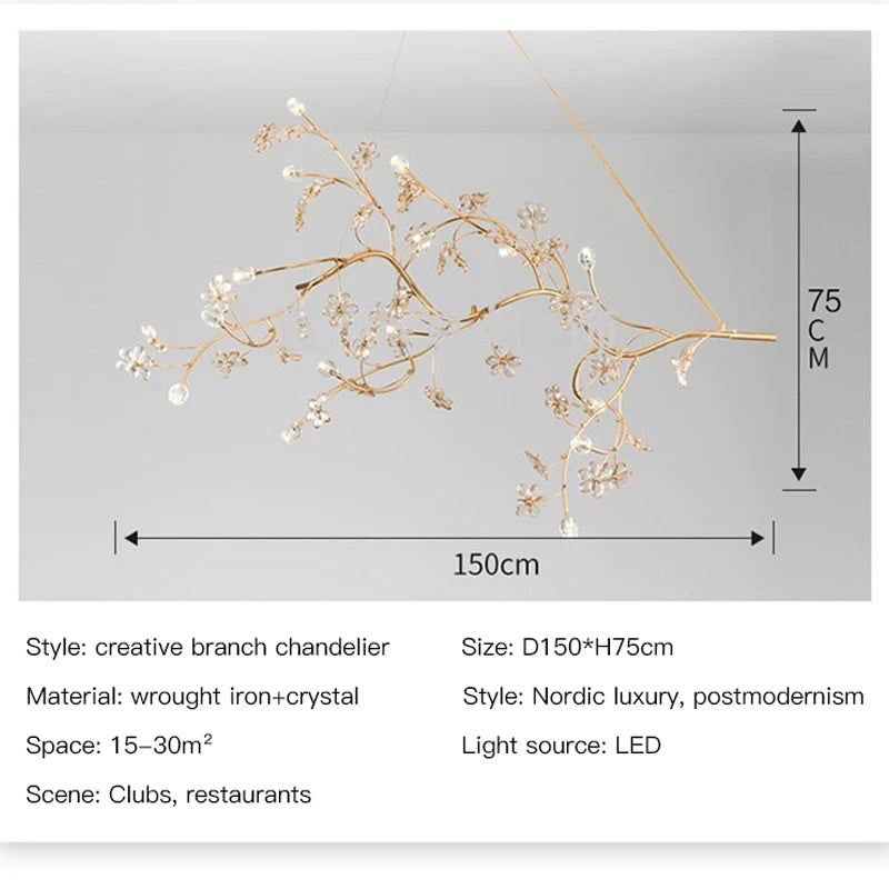 Nordic Modern Luxury Crystal Gold-Plated Branch Chandelier – LED Light