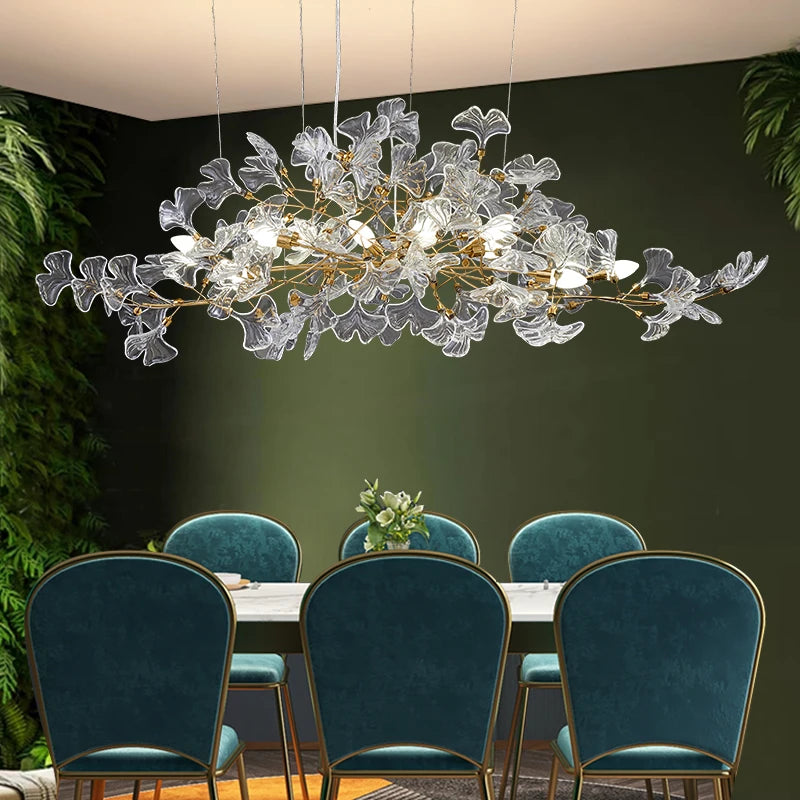 Glass Ginkgo Leaf Chandelier with Gold Branch Frame