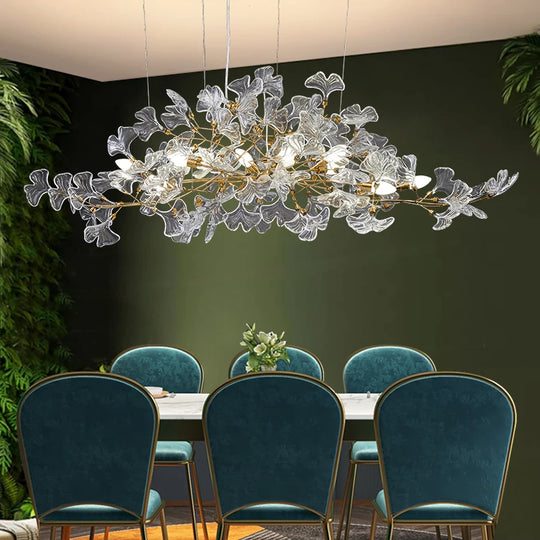 Glass Ginkgo Leaf Chandelier with Gold Branch Frame