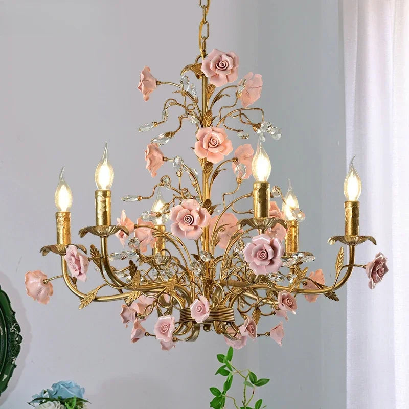 French Retro Pastoral Rose Ceiling Chandelier – Candle Style Lighting