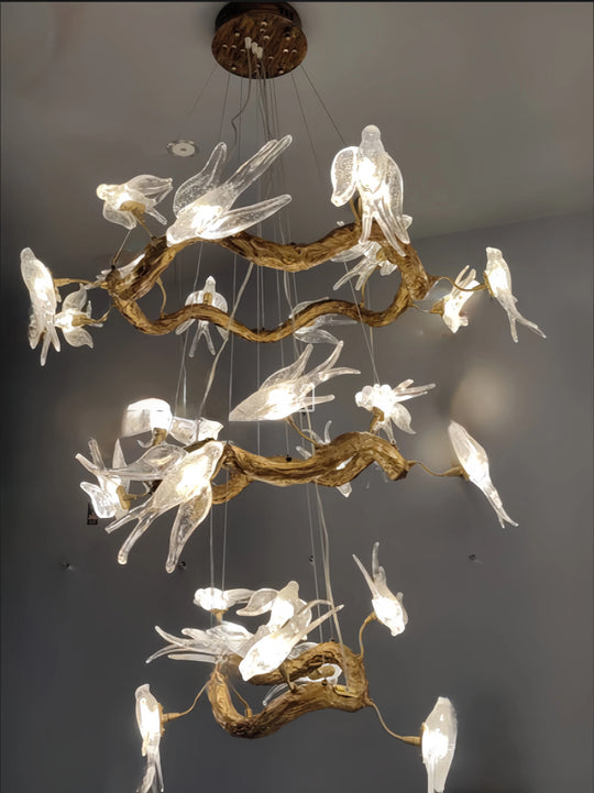 Vintage Round Glass Bird Branch Chandelier for Dining & Living Rooms