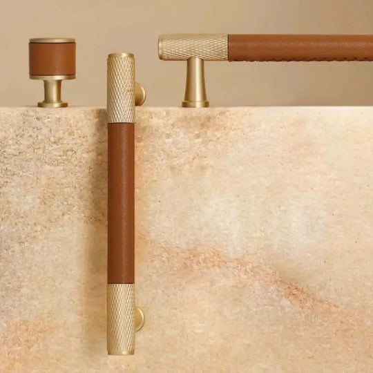 Brown and Black Leather Handles – Brass Knurled Pulls and Knobs for Furniture