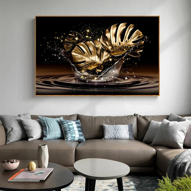 Black Golden Leaves Abstract Botanical Canvas Wall Art Unframed