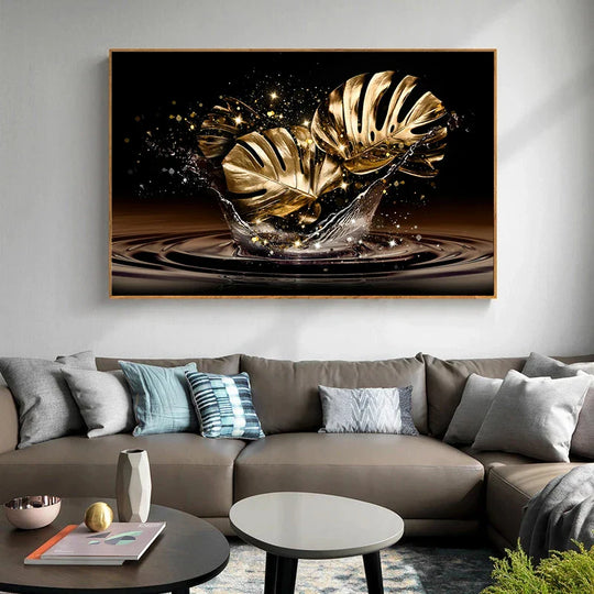 Black Golden Leaves Abstract Botanical Canvas Wall Art Unframed