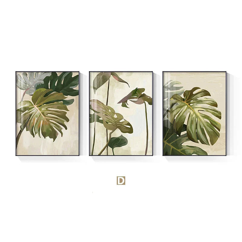 Modern Botanical Green Leaves Canvas Wall Art Unframed