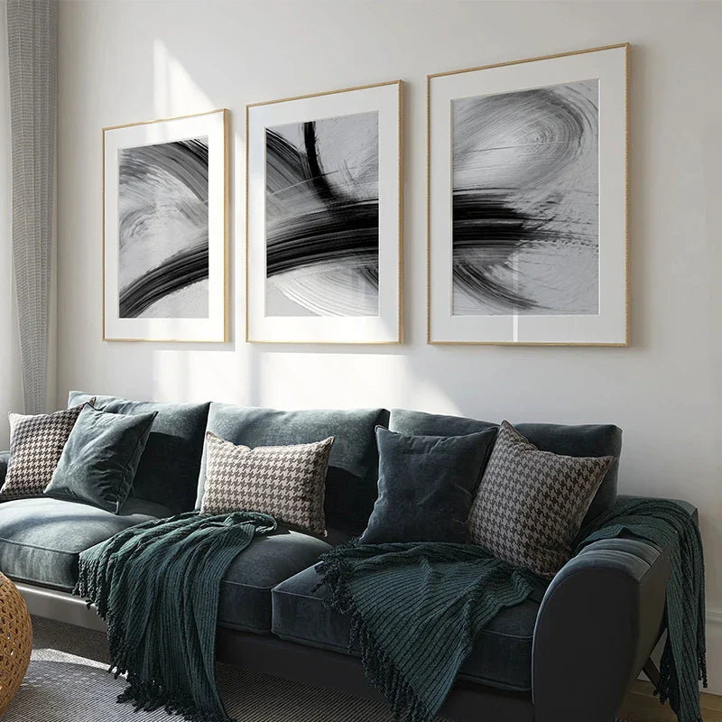 Flowing Brush Strokes Black White Abstract Canvas Wall Art Unframed