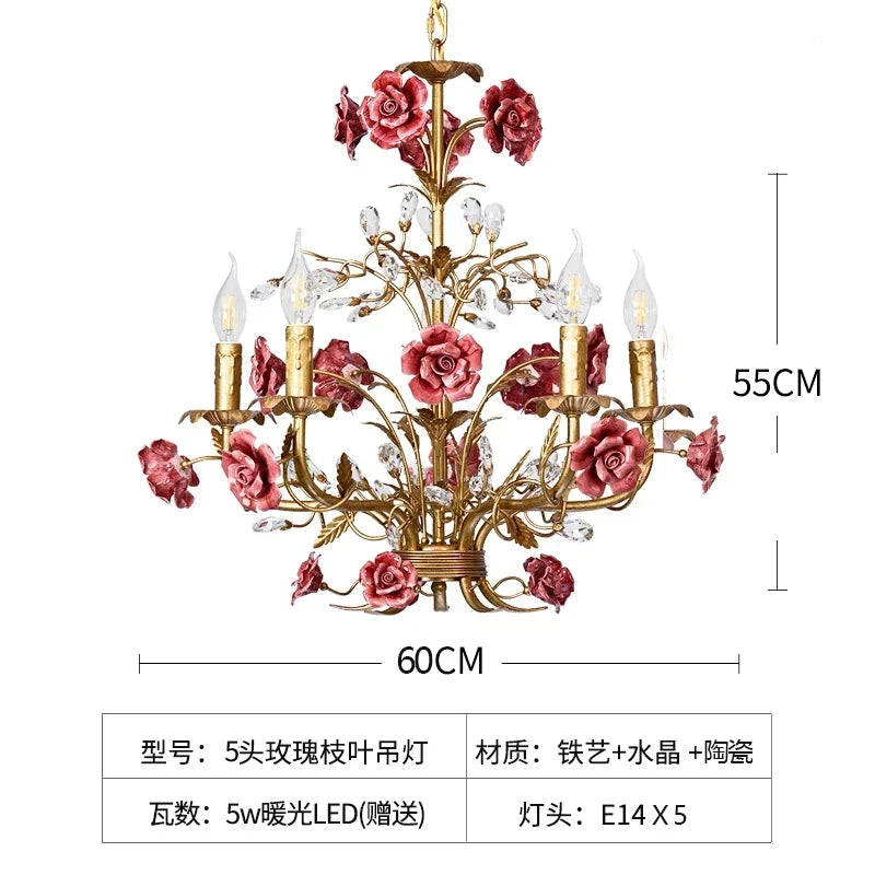 French Retro Pastoral Rose Ceiling Chandelier – Candle Style Lighting