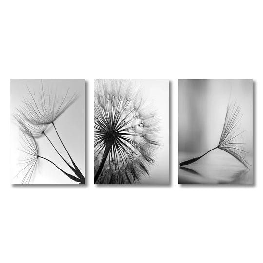 Minimalist Dandelion Wisps Black White Canvas Wall Art Unframed