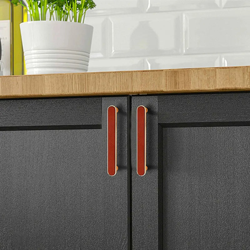 Modern Leather and Zinc Alloy Cabinet Handle – Elegant Pulls for Kitchen, Wardrobe, and Furniture (96mm)