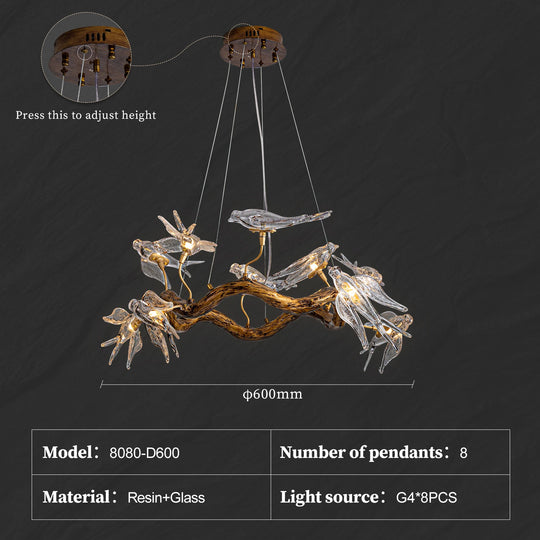 Vintage Round Glass Bird Branch Chandelier for Dining & Living Rooms