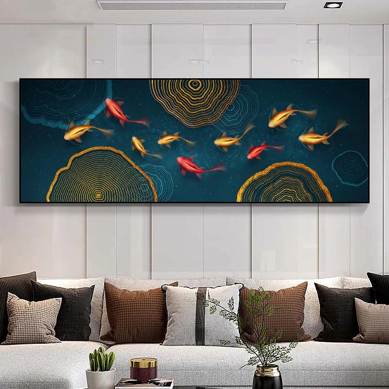 Abstract Golden Fish Wide Format Canvas Wall Art
