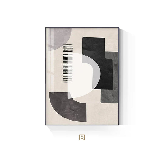 Neutral Black Beige Grey Abstract Geometric Canvas Wall Art Unframed