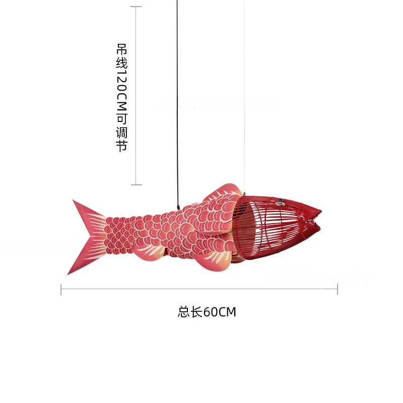 Modern Wooden Big Fish Pendant Light with Bamboo Design