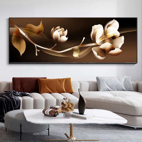 Black Golden Rose Floral Wide Format Canvas Wall Art