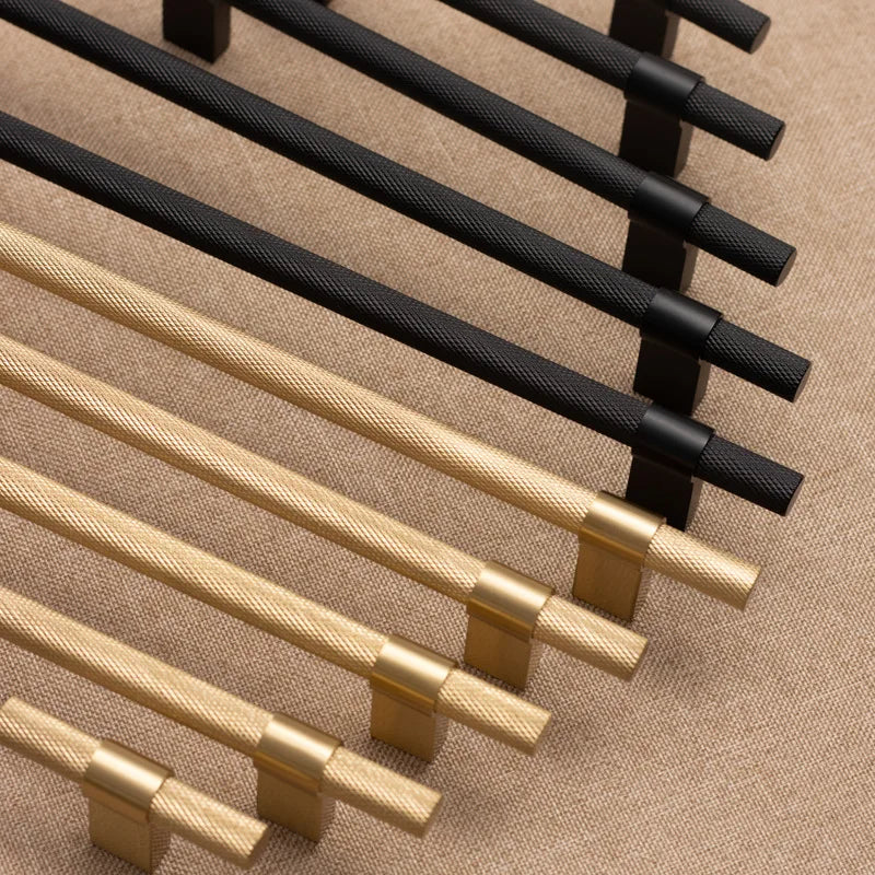 Gold and Black Textured Brass Handles – Modern Mesh Pulls and Knobs for Furniture