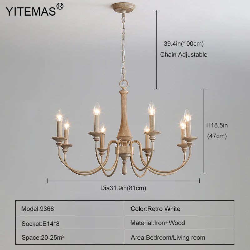 French Vintage Wooden Chandelier – Multi-Light Pendant for Living & Dining Rooms