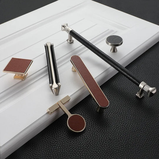 Modern Leather and Zinc Alloy Cabinet Handle – Elegant Pulls for Kitchen, Wardrobe, and Furniture (96mm)
