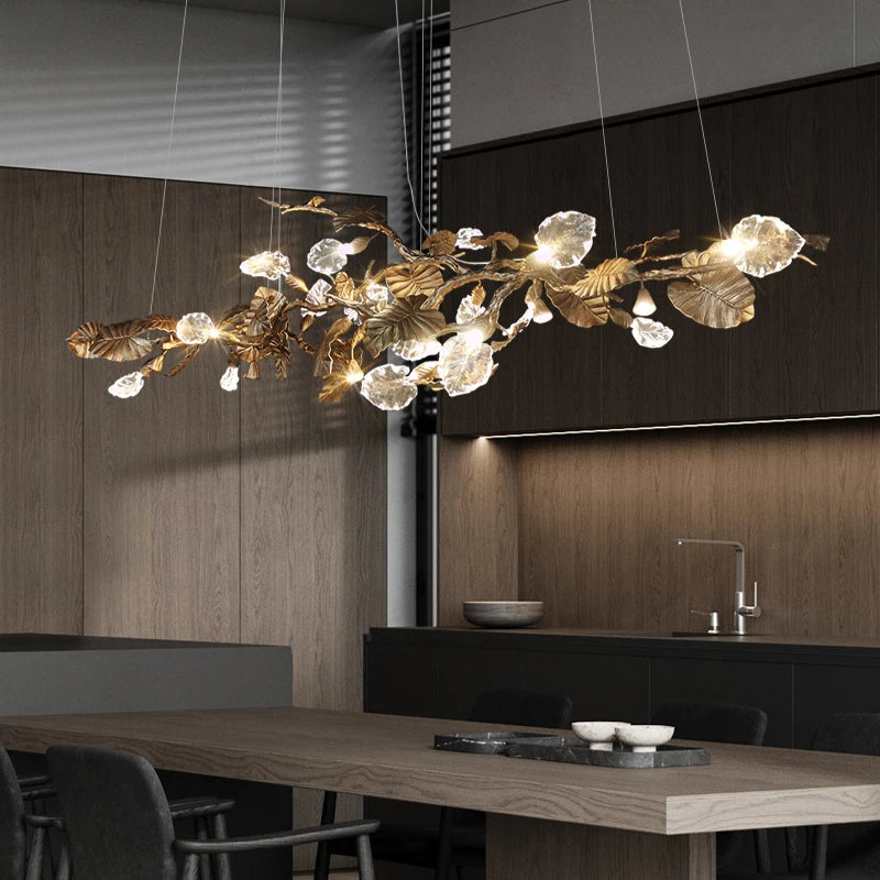 Luxury Copper Branch Chandelier with Leaf Crystal Pendant Lights