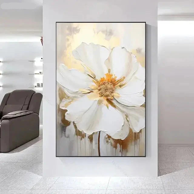 Big White Floral Canvas Wall Art Modern Botanical Decor