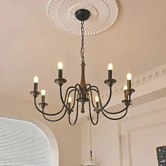 Nordic Retro Solid Wood & Wrought Iron Candle Chandelier – Art Deco Pendant Light