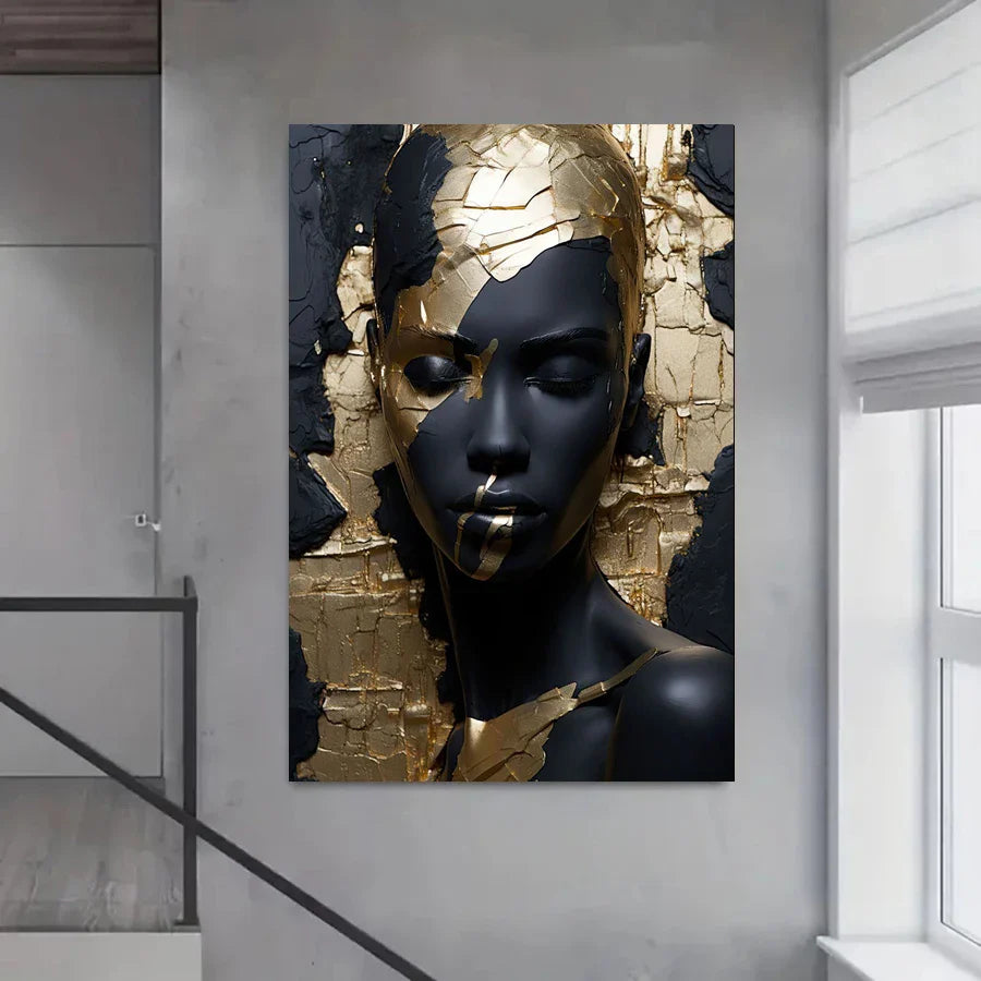 Abstract Black Golden Woman Portrait Canvas Wall Art