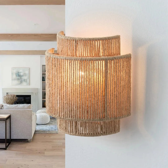 Boho Farmhouse Wall Sconce Hemp Rope Rattan Rustic Indoor Light