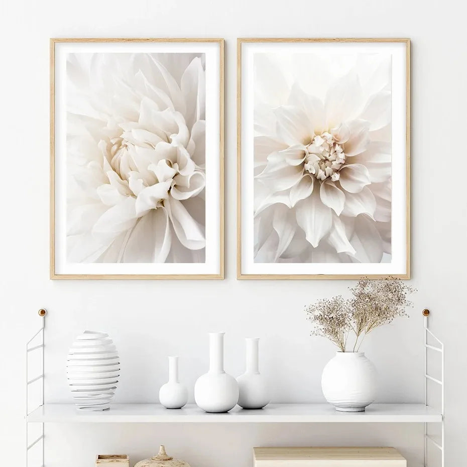 Minimalist White Floral Dahlia Rose Canvas Wall Art