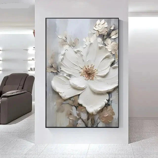 Big White Floral Canvas Wall Art Modern Botanical Decor