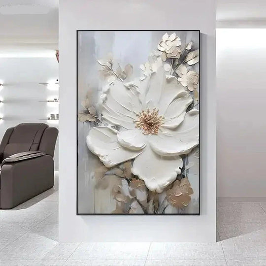Big White Floral Canvas Wall Art Modern Botanical Decor