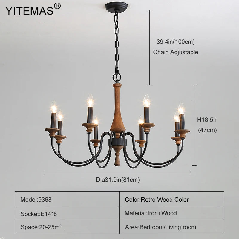 French Vintage Wooden Chandelier – Multi-Light Pendant for Living & Dining Rooms