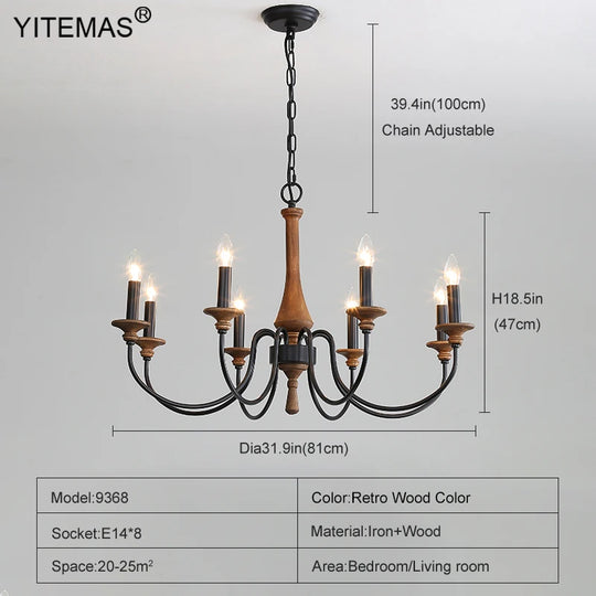 French Vintage Wooden Chandelier – Multi-Light Pendant for Living & Dining Rooms